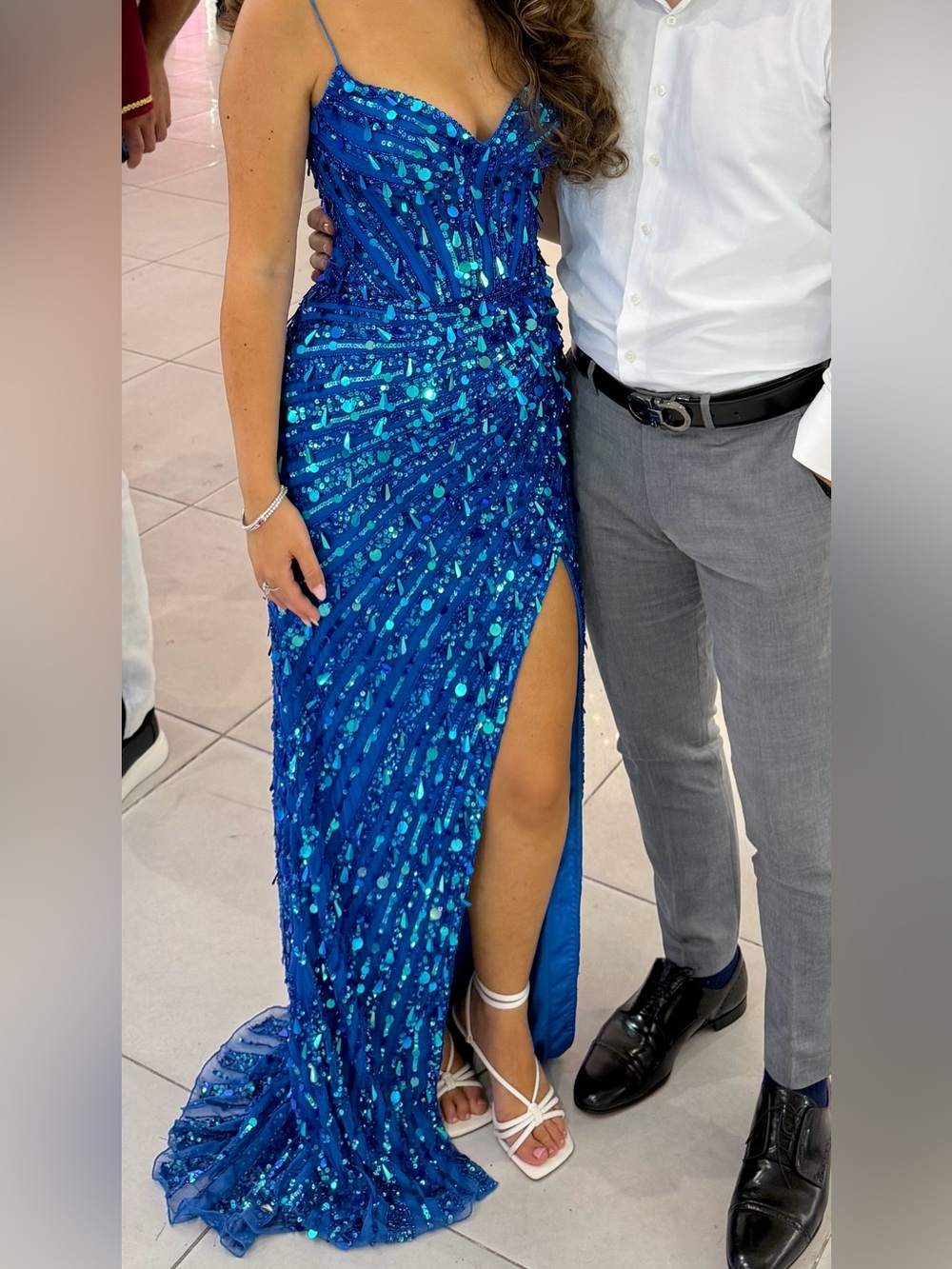 Sherri Hill wedding Teal Sequin Evening Gown with Straps blue long maxi corset